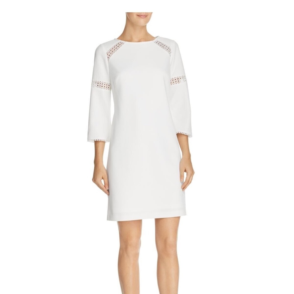 Adrianna Papell Knit Crepe Lace Trimmed Sheath Dress Bell Sleeve Knee Length